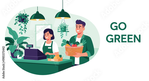 Eco conscious man shopping with reusable basket of fresh vegetables at grocery store checkout with friendly cashier.