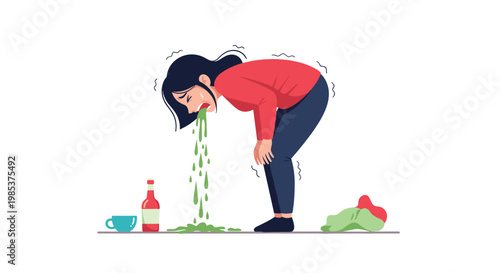 Sick woman bending over and vomiting green liquid onto floor due to illness or severe alcohol intoxication symptoms.