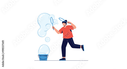 Happy young girl having fun outdoors while making large soap bubbles with wands and blue bucket of soapy solution.