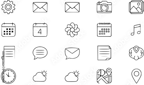 Black and White Line Art Icons: Technology, Communication, Calendar, Photography, Music, Weather, Location, Clock