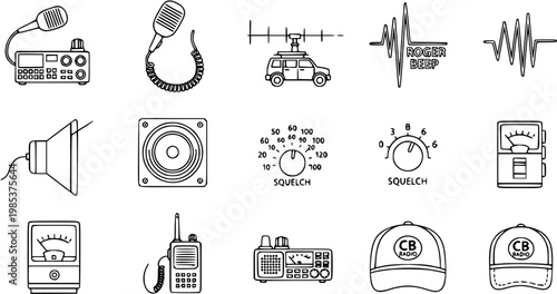 Black and White Line Art Icons of CB Radio Equipment and Communication Symbols