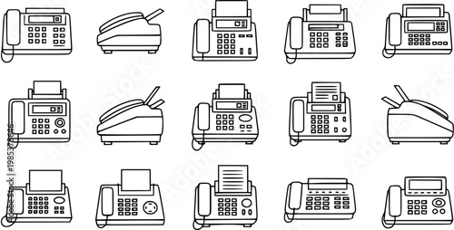 Black and White Line Art Icons of Various Fax Machine Models, Technology