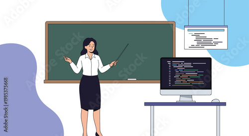 Female computer science teacher standing by blackboard and computer monitor explaining programming code to her students.