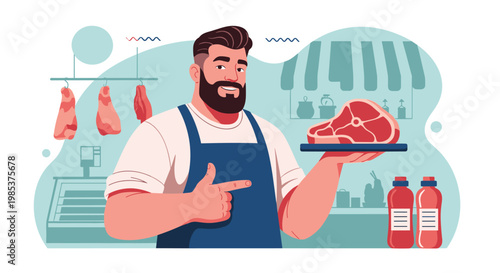 Friendly professional butcher in apron presenting large fresh beef steak on tray inside well stocked meat shop.