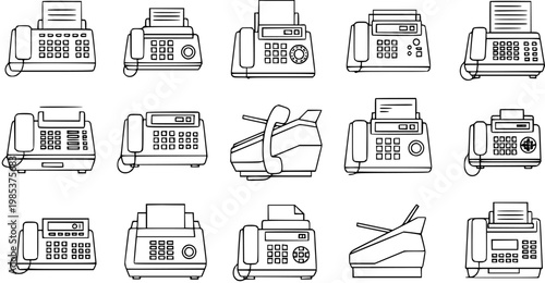 Black and White Line Art Icons of Various Fax Machine Models, Technology Office Equipment