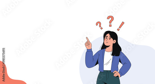 Young woman looking confused and thoughtful with question marks and exclamation point above her head for solving problem.