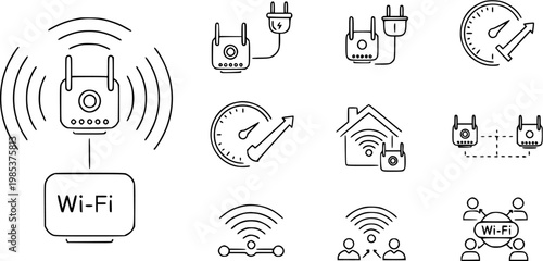 Black and White Line Art Icons of Wi-Fi Signal Boosters and Network Technology