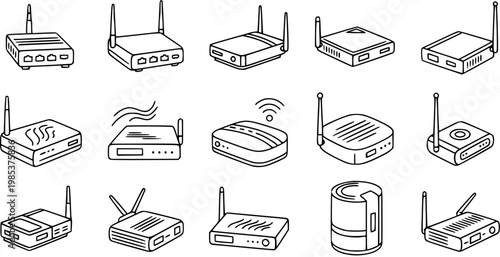 Black and White Line Art Collection of Various Network Routers and Modems, Technology Icons