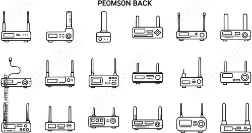 Black and White Line Art Icons of Wireless Routers and Modems, Technology Niche