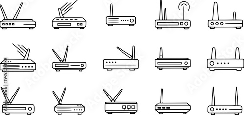 Black and White Line Art Icons of Various Wi-Fi Routers and Modems for Technology Industry