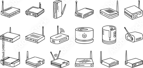 Black and White Line Art Icons of Various Routers and Modems for Technology Industry
