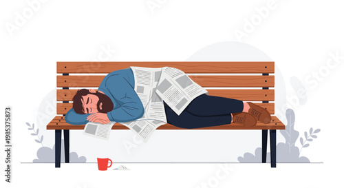 Homeless bearded man sleeping on wooden park bench using old newspapers as blanket for warmth and outdoor shelter.