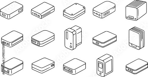 Black and White Line Art Isometric Icons of Power Banks and External Hard Drives, Technology Devices