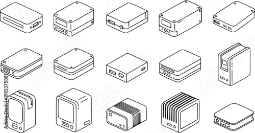 Black and White Line Art Isometric Icons of Portable External Hard Drives and Power Banks