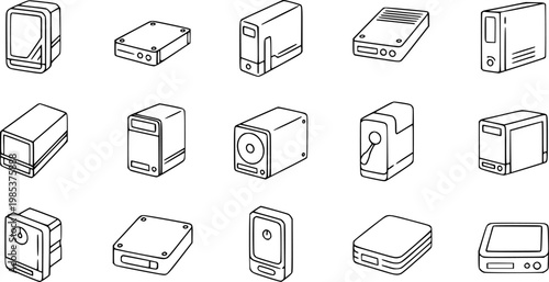 Black and White Line Art Icons of Computer Hardware and Peripherals, Technology Clipart