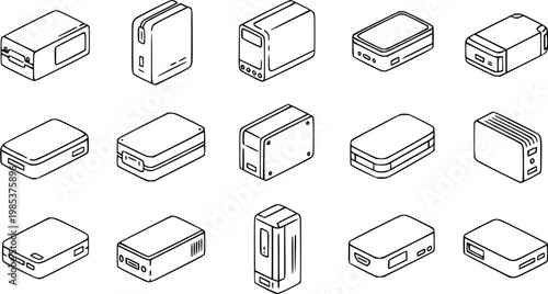 Black and White Line Art Collection of Power Bank Gadgets in Isometric View