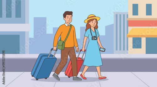 Man and Woman Travelers Pulling Luggage on City Sidewalk Holiday Trip
