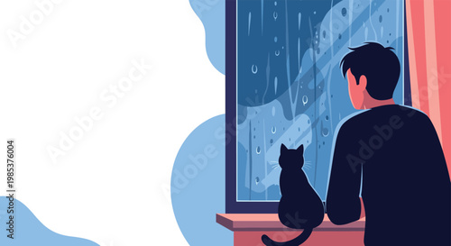 Sad young man and his black cat sitting by a window looking at the rain falling outside on a gloomy city afternoon.