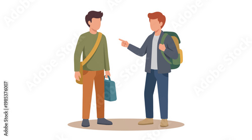 Flat Illustration of Two Men with Bags One Pointing in a Modern Style