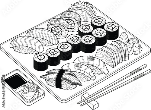 Illustration of a sushi platter with chopsticks and a mobile phone