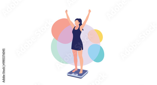 Fit young woman celebrating her weight loss success with raised arms while standing on a scale against a colorful backdrop.