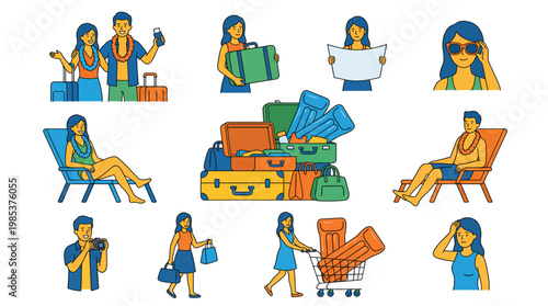 Collection of Illustrations Depicting People and Objects for Travel and Vacation