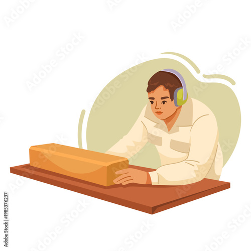 A person working with a wood block in a flat graphic style on a light background, showing hand made craft. Vector illustration