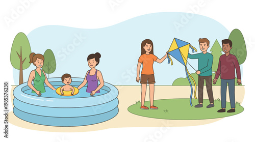 Families and Friends Enjoy Summer Outdoor Activities Swimming in a Pool and Flying a Kite