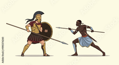 Historical scene of an ancient Greek hoplite soldier and an African warrior facing each other in a fierce combat duel.