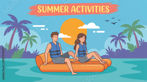 Smiling Couple Enjoying Summer Water Activities on an Inflatable Raft