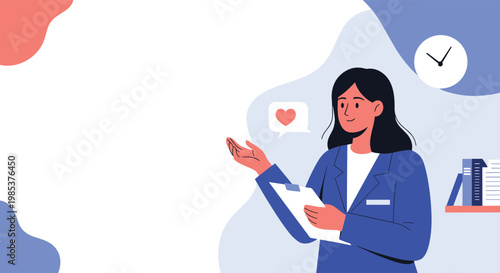 Professional female doctor or medical consultant holding a clipboard and gesturing with a friendly smile on her face.