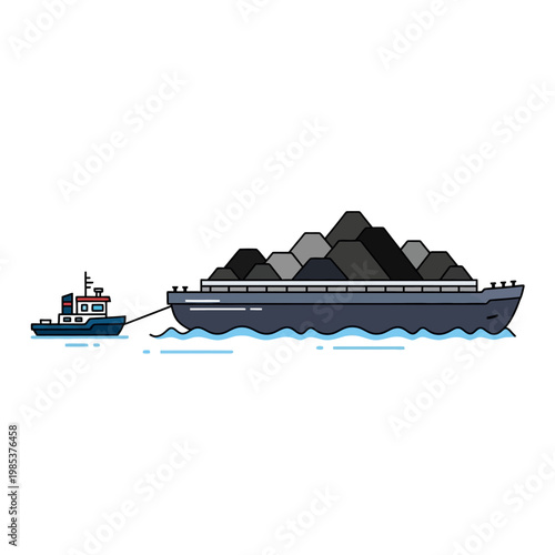 Tugboat towing a barge loaded with coal on blue water, illustration