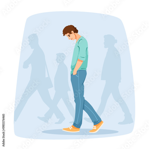 Sad man walking among passing silhouettes in flat style on light blue background expressing loneliness. Vector illustration