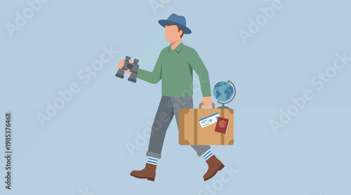 Adventurous Man Holding Binoculars and Travel Bag with Globe