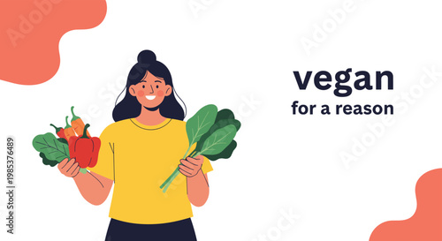 Happy young woman holding fresh vegetables like peppers and spinach to promote a healthy vegan and plant-based lifestyle.