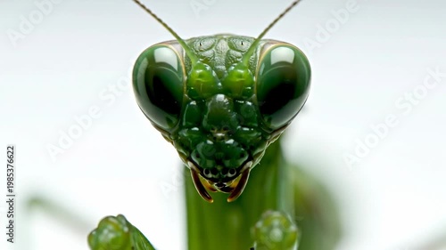 Close-up of a green praying mantis.