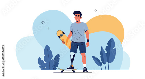 Young man with a prosthetic leg standing with his yellow skateboard in a modern outdoor park with tropical plants.