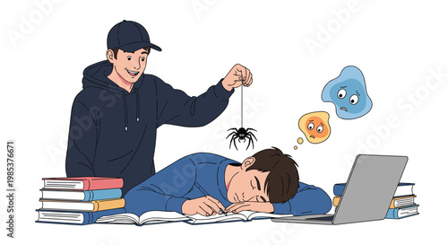 High school student sleeping at a desk while a prankster friend holds a black spider over his head as a funny joke.