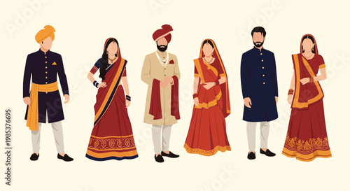 Group of diverse people wearing beautiful traditional Indian attire like sarees and sherwanis for a wedding ceremony.