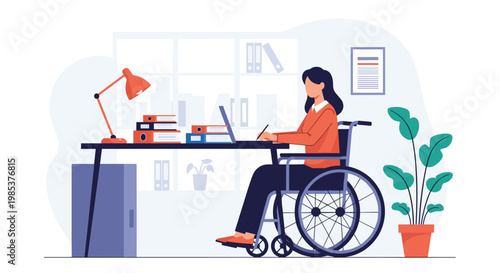 Disabled professional woman in a wheelchair working at her desk in a modern office with a laptop and notebooks.
