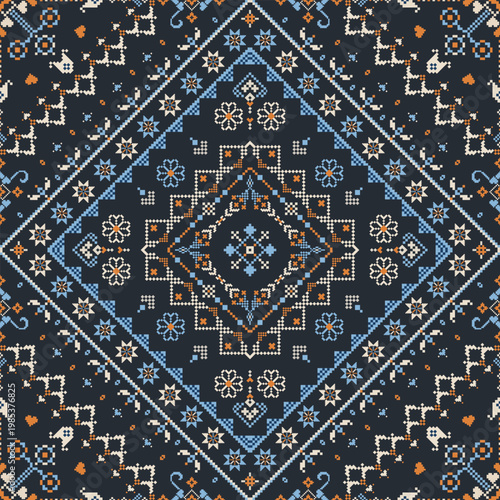 Deep-toned ornamental layout with a prominent diamond axis and compact pixel detailing. Multiple layered contours enclose a refined inner figure, while scattered micro motifs enhance visual density ag