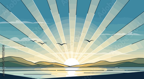 Beautifully illustrated serene sunrise or sunset scene over calm water with majestic mountains in the distance and birds flying peacefully.