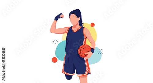 Strong female basketball player with a prosthetic leg showing her muscles and holding a ball on a white background.