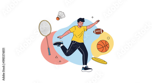 Active young man running through a colorful background among various sports equipment like a racket and basketball.