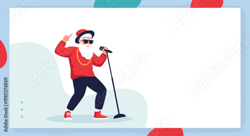 Energetic Santa Claus character wearing sunglasses and a hat dancing and singing on a modern website landing page.