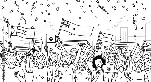 Joyful diverse crowd of people celebrating together with flags, banners, and falling confetti in a powerful display of unity.