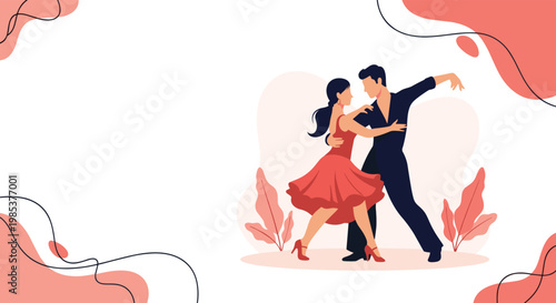 Professional couple performing an elegant ballroom dance like tango or salsa against a stylish abstract background.