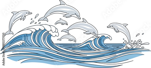 Playful dolphins, including adults and young calves, joyfully leap and jump through dynamic blue ocean waves in a charming marine illustration.