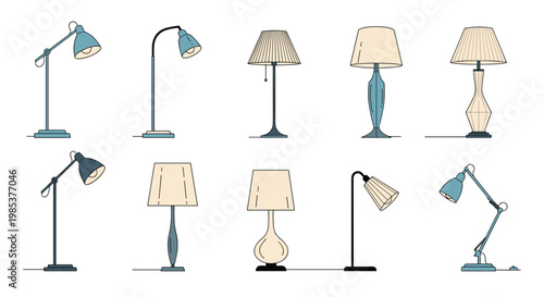 Assortment of contemporary interior lighting fixtures including various table lamps with different shade designs.