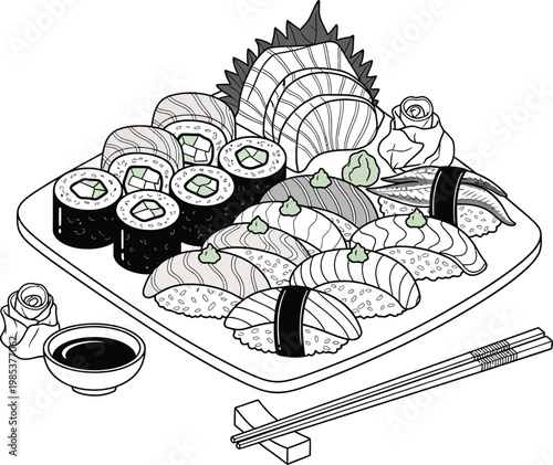 Illustrated sushi platter with chopsticks and soy sauce